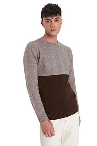 Trendyol Herren Slim Sweater mit Rundhalsausschnitt und Colorblock Sweatshirt, Mink, Large von TRENDYOL