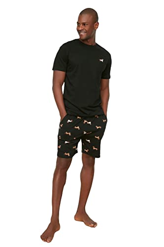 Trendyol Herren Slogan gewebtes T-Shirt und kurzes Set Pyjama, Schwarz, XXL von TRENDYOL