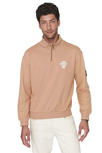 Trendyol Herren Stehkragen mit Spruch Relaxed Sweatshirt, beige, XS von TRENDYOL