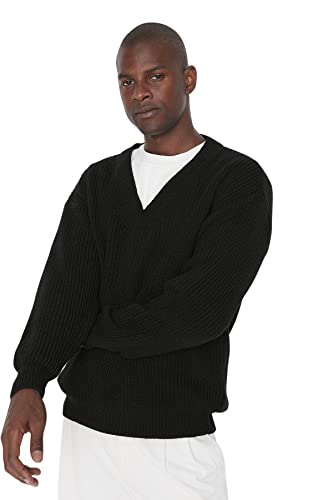 Trendyol Herren V-Ausschnitt Einfarbig Oversize Sweater Sweatshirt, Schwarz, Small von TRENDYOL
