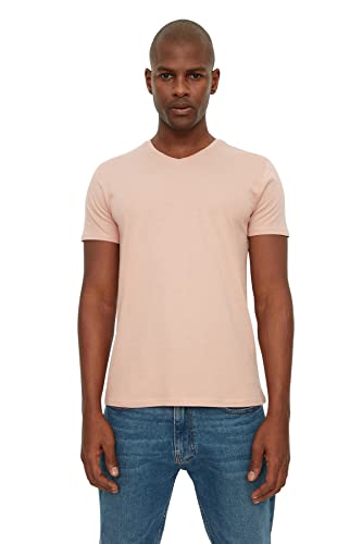 Trendyol Men's Basic Slim Fit 100% Baumwolle V-Ausschnitt Kurzarm T-Shirt, Pink, Small von TRENDYOL