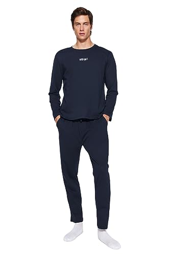 Trendyol Men's Herren Motto Lange Ärmel Freizeitkleidung Regulär Pyjama Pajama Set, Navy, S von TRENDYOL