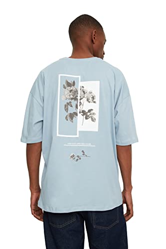 Trendyol Men's Herrenübergroße Rundkragen gedruckt Kurzarm T-Shirt, Blue, Small von TRENDYOL