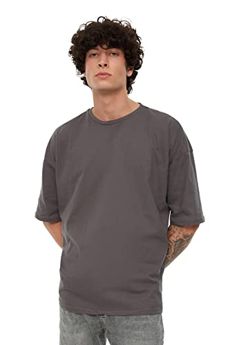 TRENDYOL Herren Männer Basic 100% Baumwolle Runder Kragen Oversize Kurzarm T-Shirt, Anthrazit, M von TRENDYOL