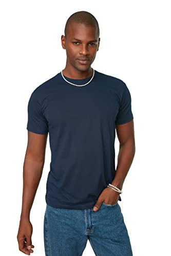 Trendyol Men's Männliche Basic 100% Baumwolle Regular Fit Runder Kragen T-Shirt, Navy, Small von TRENDYOL