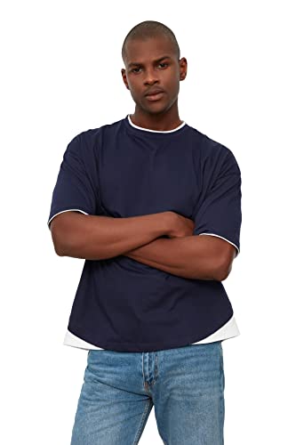 Trendyol Men's Männliche Übergroße Fit 100% Baumwolle Runder Kragen Kurzarm T-Shirt, Navy, Medium von TRENDYOL