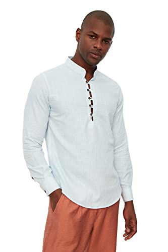 Trendyol Men's Mens Slim Fit Hälfte Extrahierte Button Richterkragenhemd Shirt, Blue, Large von TRENDYOL