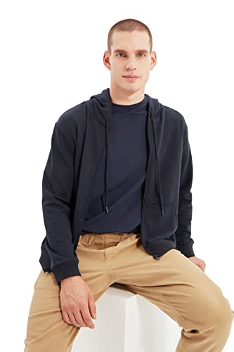 Trendyol Navy Blue Basic-Kapuzen-Normal-Fit-Reißverschluss-Sweatshirt, Navy, von TRENDYOL