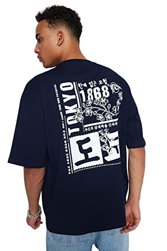 Trendyol Unisex Oversize Basic Crew Neck Knit T-Shirt Herren Rundhals, Marineblau, L von TRENDYOL