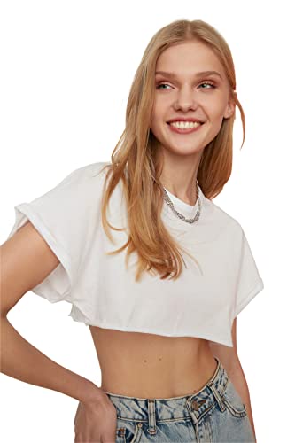 TRENDYOL Damen Weißes Super Crop Gestricktes T-Shirt, Weiß, M EU von TRENDYOL