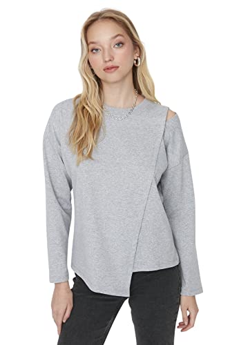 TRENDYOL Damen Crew Neck Plain Asymmetrisch Sweatshirt, Gray, S von TRENDYOL