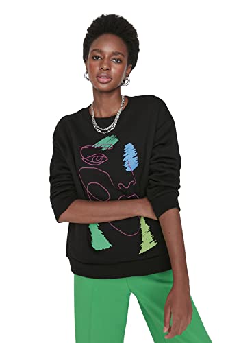 Trendyol Women's Crew Neck with Slogan Figurbetont Sweatshirt, Black, M von TRENDYOL