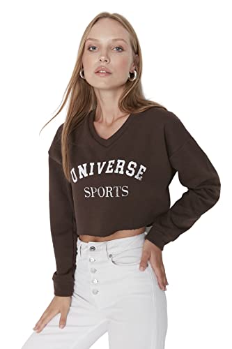 Trendyol Women's Crew Neck with Slogan Regular Sweatshirt, Brown, L von TRENDYOL