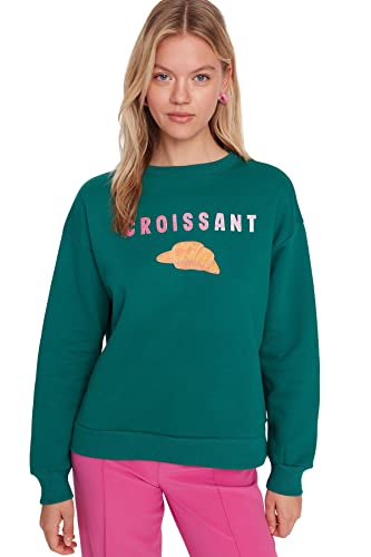 Trendyol Women's Crew Neck with Slogan Regular Sweatshirt, Grün, M von TRENDYOL