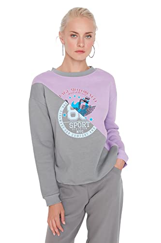 Trendyol Women's Crew Neck with Slogan Regular Sweatshirt, Lila, XS von TRENDYOL