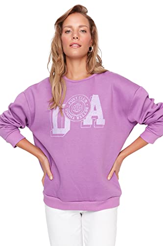 Trendyol Women's Crew Neck with Slogan Regular Sweatshirt, Purple, XS von TRENDYOL