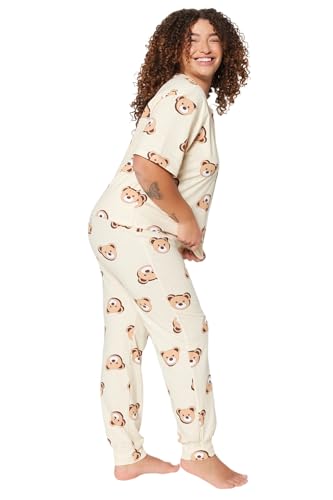 Trendyol Women's Damen 2er-Pack Tier Kurzarm Freizeitkleidung Regulär Pyjama Übergröße Pajama Set, Ecru, 6XL von TRENDYOL