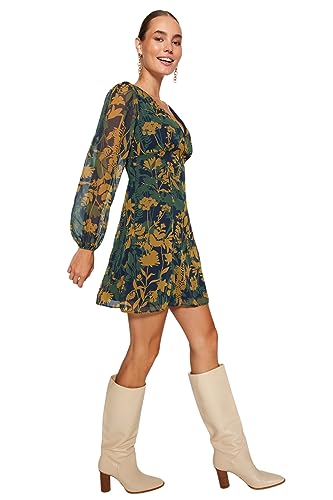 Trendyol Women's Damen Blumen Mini Lange Ärmel Lässig Regulär Kleid Dress, Multi Color, 40 von TRENDYOL