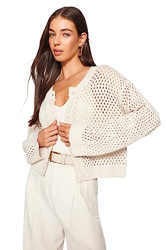 Trendyol Women's Damen Durchbrochen Lange Ärmel Regulär Strickjacke Cardigan Sweater, Stone, L von TRENDYOL