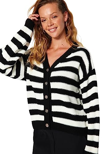 Trendyol Women's Damen GESTREIFT Lange Ärmel Regulär Strickjacke Cardigan Sweater, Black, Large von TRENDYOL