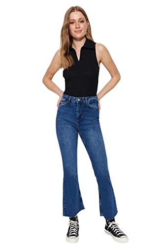 Trendyol Women's Damen Gerade Fackel Hohe Taille Jeans, Dark Blue, 42 von TRENDYOL
