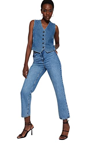 Trendyol Women's Damen Gerade Hohe Taille Jeans, Blue, 34 von TRENDYOL