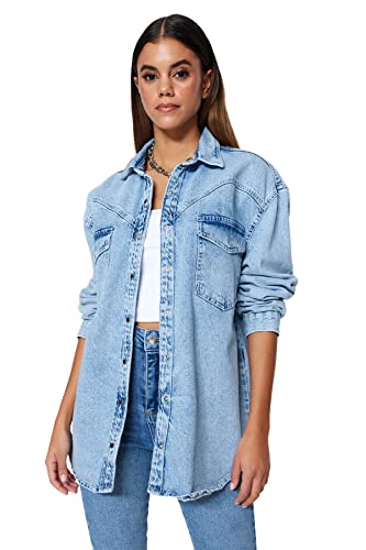 Trendyol Women's Damen Gerade Lange Ärmel Plus Size Hemd Shirt, Blue, Small Mehr von TRENDYOL