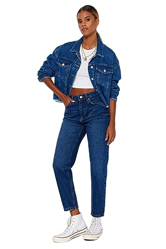 TRENDYOL Damen Gerade Mama Hohe Taille Jeans, Dark Blue, 40 von TRENDYOL