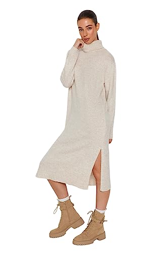 Trendyol Women's Damen Gerade Midi Lange Ärmel Lässig Übergröße Kleid Dress, Stone, L von TRENDYOL