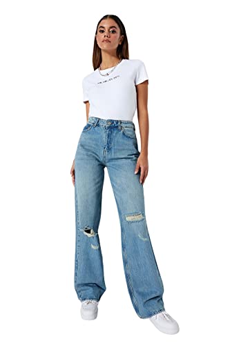 Trendyol Damen Gerade Weites Bein Niedrige Taille Jeans, Blau, 40 EU Trendyol Damen Gerade Weites Bein Niedrige Taille Jeans, Blau, 40 EU von TRENDYOL