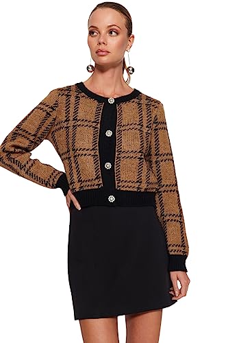 TRENDYOL Damen Kariert/Karo Lange Ärmel Regulär Strickjacke Cardigan Sweater, Schwarz, S von TRENDYOL