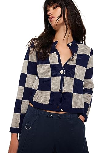 TRENDYOL Damen Kariert/Karo Lange Ärmel Regulär Strickjacke Cardigan Sweater, Navy, M von TRENDYOL