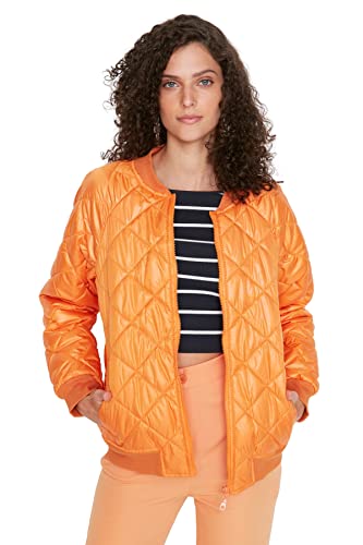 Trendyol Women's Damen Oversize Bomberjacken Diamond Pattern Webstoff Winterjacke Coat, Orange, XS von TRENDYOL