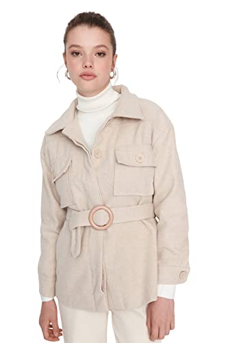 Trendyol Women's Damen Oversize Standard Plain Webstoff Mantel Coat, Stone, 42 von TRENDYOL