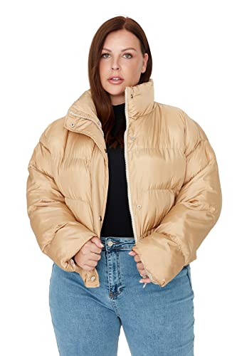 Trendyol Women's Damen Schnitt Puffer Plain Webstoff Größen in Winterjacke Coat, Mink Color, 50 von TRENDYOL
