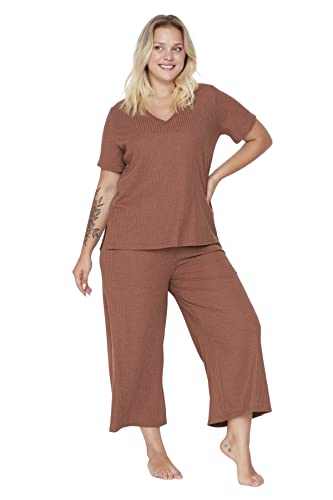 Trendyol Women's Damen Unifarben Gestrickt T-Shirt-Hose Größen in Pyjama Pajama Set, Brown, XXL Plus (2er Pack) von TRENDYOL
