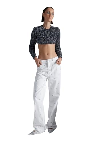 Trendyol Women's Damen gedruckt Weites Bein Hohe Taille Jeans, White, 42 von TRENDYOL