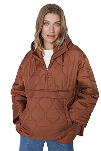 TRENDYOL Damen Jung Oversize Puffer Plain Webstoff Winterjacke Coat, Brown, S von TRENDYOL