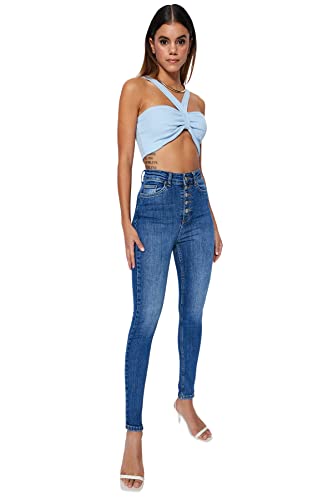 Trendyol Women's Dark Blue High Waist Skinny with Buttons In The Front TWOSS23JE00077 Jeans, 66 von TRENDYOL