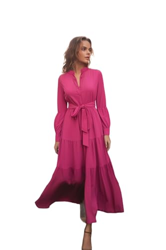 Trendyol Women's Dunkelrosa Gewebtes Kleid mit Gürtel und Großem Kragen und Knöpfen, Rosa, 42 von TRENDYOL