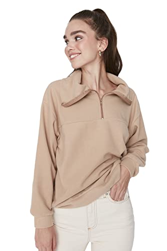 Trendyol Women's Polo Neck Plain Regular Sweatshirt, Beige, XS von TRENDYOL