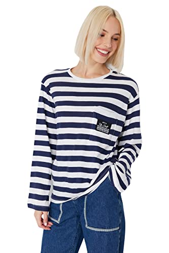 Trendyol Women's Rundhalsausschnitt Gestreift Regular Bluse T-Shirt, Navy blau, X-Small Trendyol Women's Rundhalsausschnitt Gestreift Regular Bluse T-Shirt, Navy blau, X-Small von TRENDYOL
