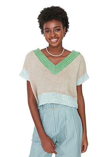 Trendyol Women's V-Neck Colorblock Regular Vest Sweater, Stone, S von TRENDYOL