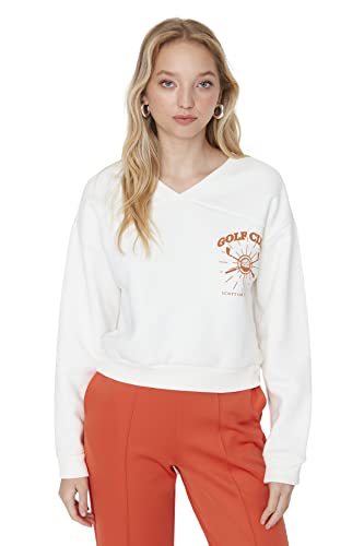 TRENDYOL Damen V Neck with Slogan Relaxed Sweatshirt, Ecru, S von TRENDYOL