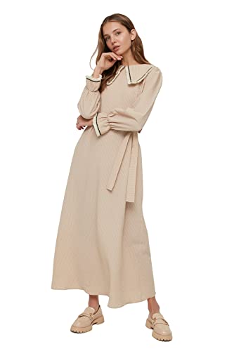 Trendyol Women's Woman Design Maxi Standard Crew Neck Woven Dress, Beige, 36 von TRENDYOL