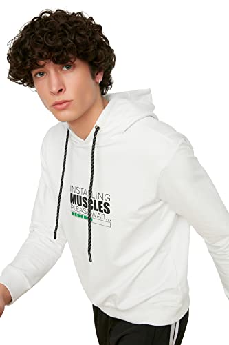 Trendyol-weißer männlicher männlicher regelmäßiger fit langarm mit Kapuze gedrucktes Sweatshirt, weiß, von TRENDYOL