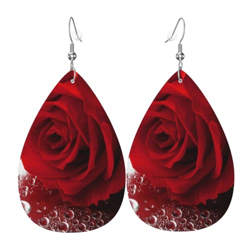 Rote Rose Blume – Stilvolle Leder-Ohrringe für Frauen – trendige baumelnde Ohrringe mit anmutigem Tropfen-Design, Einheitsgröße, Kunstleder von TRESILA