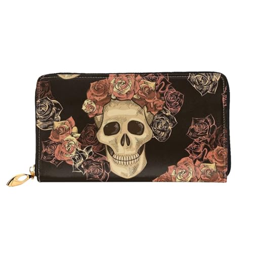 TRESILA Damen-Geldbörse aus Leder, großes Fassungsvermögen, lange Geldbörse, Clutch, Handy-Kartenhalter, Kreditkartenetui, Münzorganizer, Geldbörse für Damen und Herren, Vulkan, Rose Skull, von TRESILA