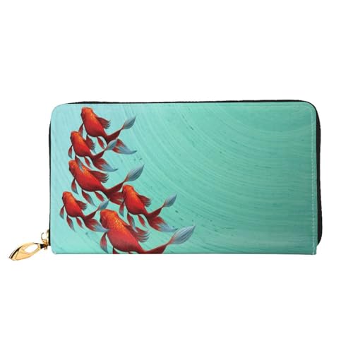 TRESILA Damen-Geldbörse aus Leder, großes Fassungsvermögen, lange Geldbörse, Clutch, Handy-Kartenhalter, Kreditkartenetui, Münzorganizer, Geldbörse für Damen und Herren, Weihnachtsmotiv, Rot, fisch, von TRESILA