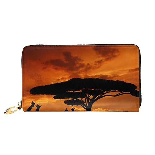 TRESILA Geldbörse Frauen Lange Leder Reißverschluss Geldbörse Telefon Kartenhalter Caseclutch Geldbörse Münze Organizer Brieftasche - Afrikanischer Elefant, Giraffe unter dem Baum in Afrika, von TRESILA